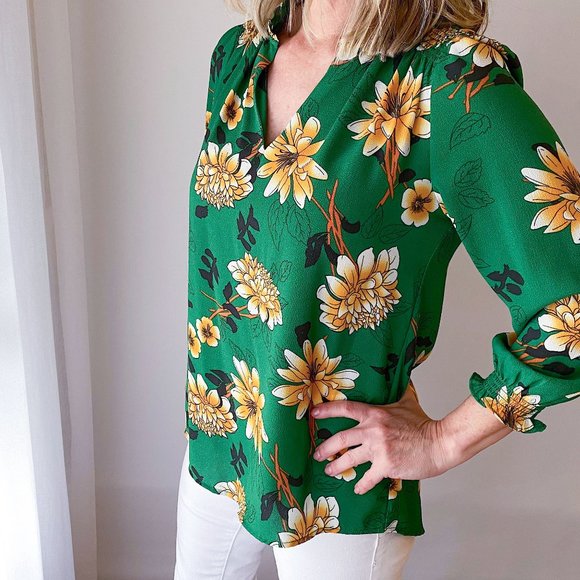 emerald green and yellow flower blouse - Picture 2 of 15